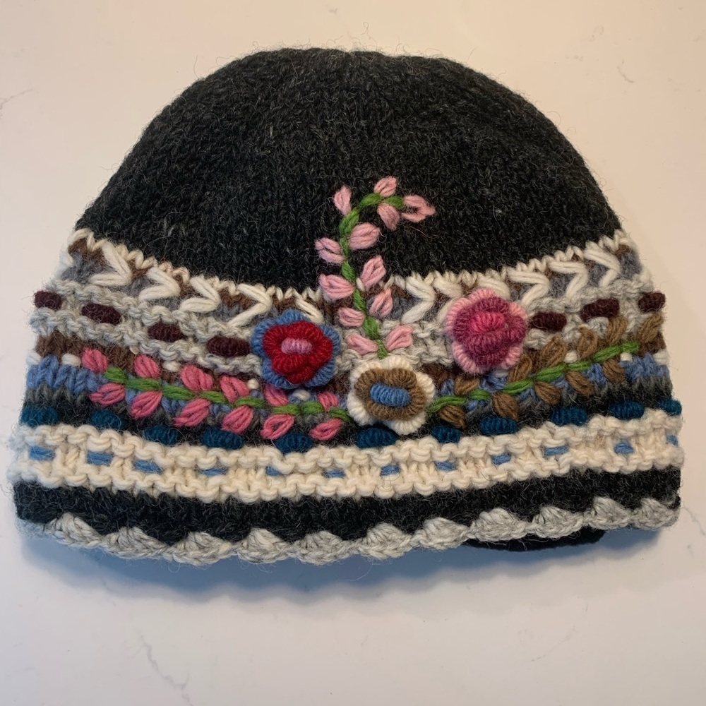 Trimdin Floral Embroidered Knit Beanie - Black and Multicolor